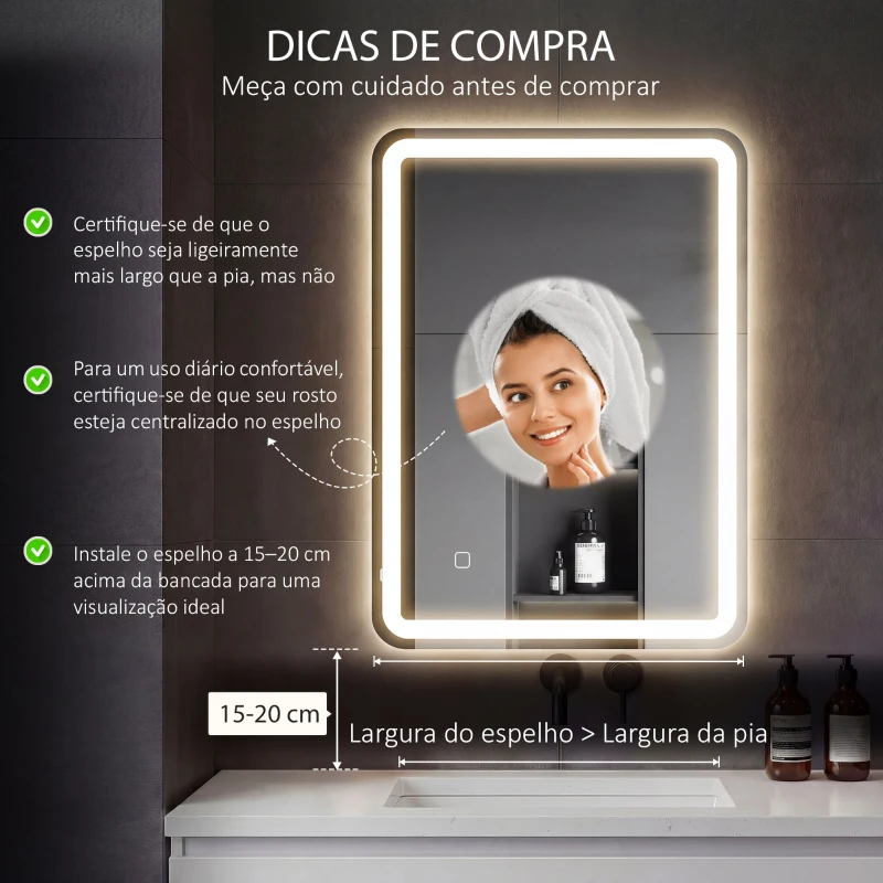 HOMCOM Espelho Casa de Banho com Luzes LED 60x80 cm Função Antiembaciamento 3 Temperaturas de Cor Ajustável e Função de Memória