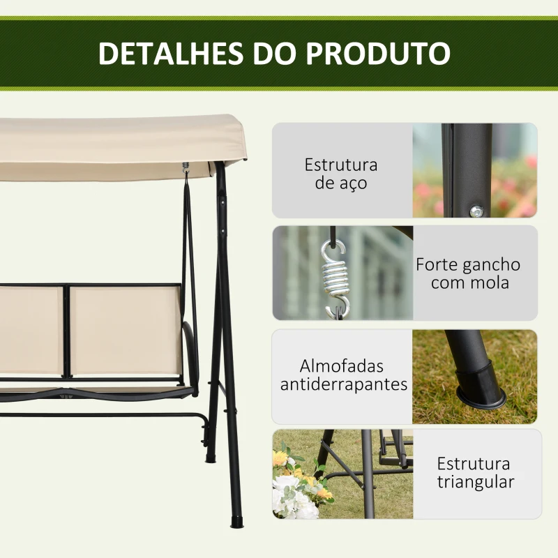 Outsunny Baloiço de Jardim Exterior de 2 Lugares com Toldo Ajustável e Estrutura em Aço Assentos Textilene 140x118x162 cm Bege