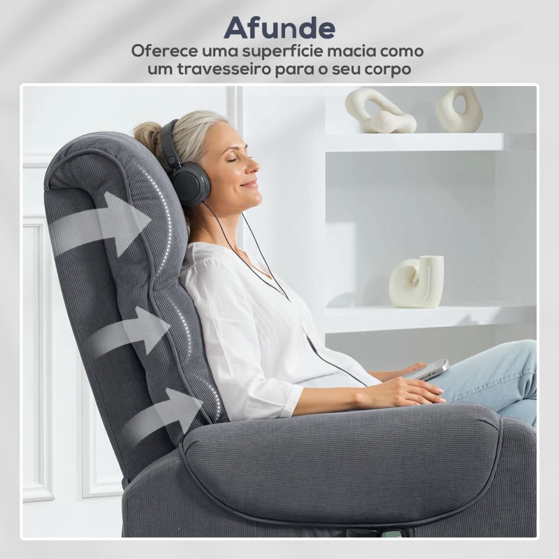 HOMCOM Poltrona Levanta Pessoas com Reclinação Elétrica em até 135° e com 8 Zonas de Massagem 83x92x110 cm Cinza