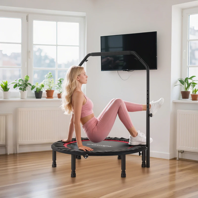 SPORTNOW Trampolim de Fitness Ø102 cm Dobrável com Guiador Ajustável de 4 Níveis e Bandas para Treino de Pernas e Corpo Vermelho