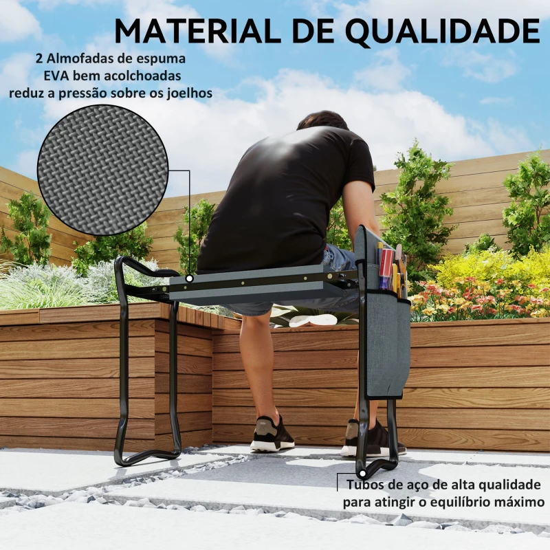 Outsunny Banco de Jardim Dobrável com Almofada de Espuma EVA Saco para Ferramentas 58x28x49 cm Cinzento
