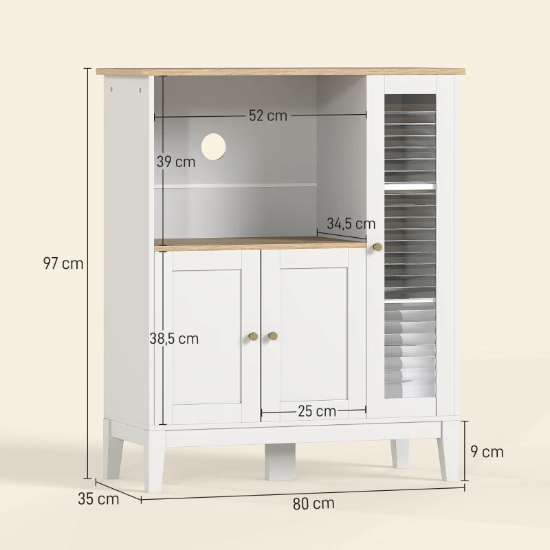 HOMCOM Móvel Auxiliar de Cozinha Moderno Móvel para Micro-Ondas com Prateleiras 3 Portas Compartimento Aberto 80x35x97 cm Branco