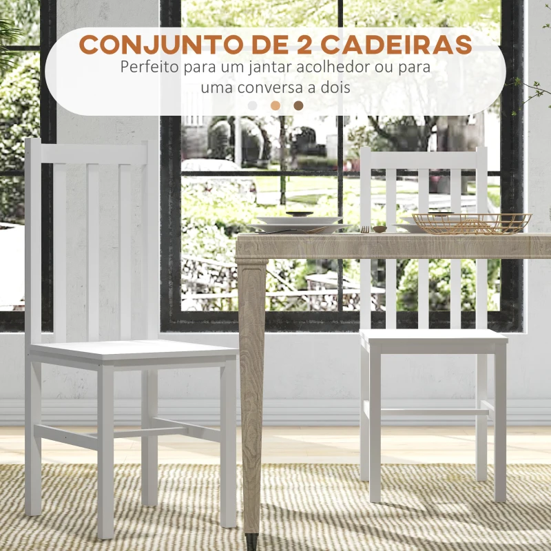 HOMCOM Conjunto de 2 Cadeiras de Sala de Jantar com Encosto de Ripas Estrutura de Madeira de Pinho 38,5x47,5x99 cm Branco