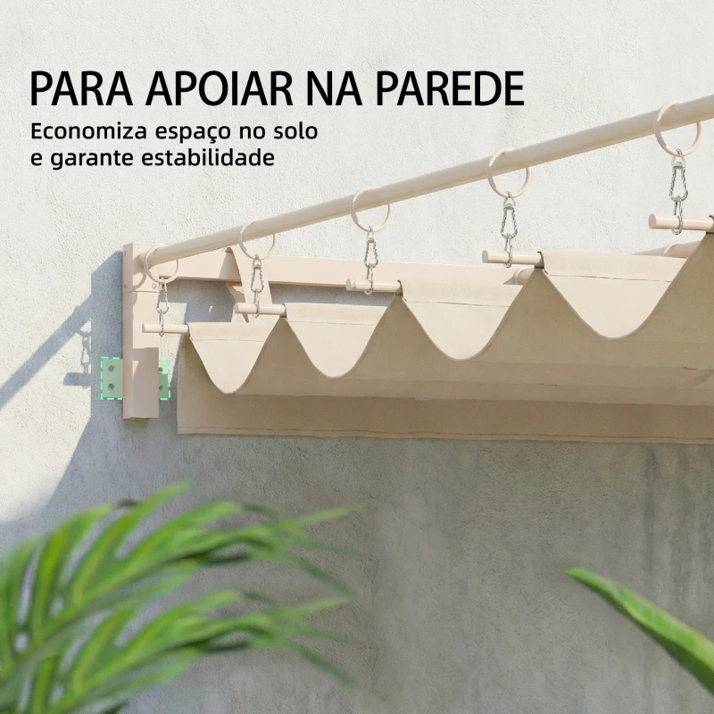 Outsunny Pérgola de Parede para Jardim 3x3 m com Teto Retrátil Proteção UPF30+ e Drenagem, Pérgola para Exterior Bege