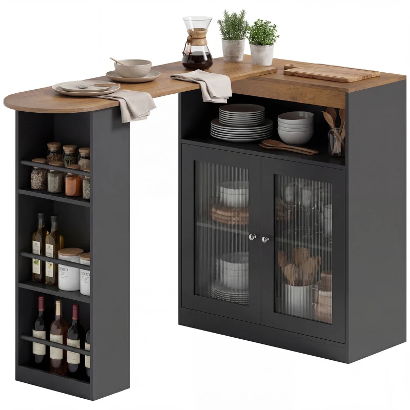 HOMCOM Mesa de Bar Extensível e Giratória 360° com Prateleiras Abertas e 2 Portas de Vidro 150x80x105,5 cm Preto e Madeira