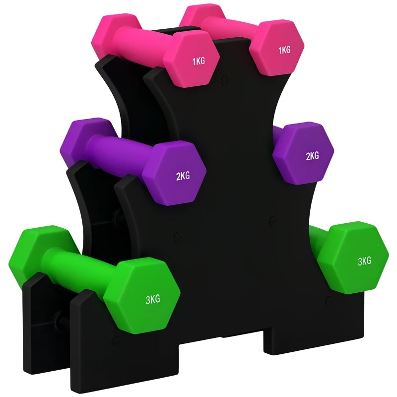 SPORTNOW Ensemble d'haltères hexagonale avec support d'haltères, pour la musculation, 2 x 1kg, 2 x 2kg, 2 x 3kg