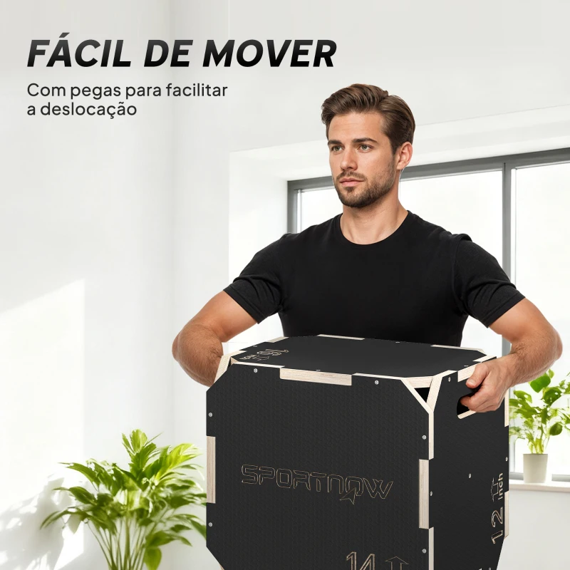 SPORTNOW Caixa Pliométrica de Madeira 3 em 1 com 3 Alturas Diferentes Pegas Sem Cantos Treino de Saltos 41x36x31 cm Preto