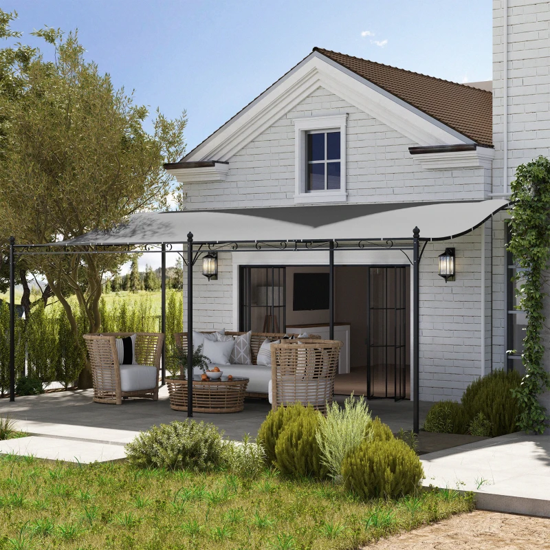 Outsunny Pérgola de Parede 3x6 m com Telhado Inclinado Orifícios de Drenagem e Estrutura Metálica Cinzento Escuro