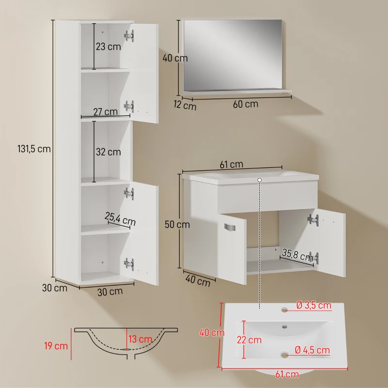 kleankin Ensemble de Meubles de Salle de Bain 4 Pièces, Mural, avec Miroir, Meuble sous Vasque, Lavabo et Armoire Haute, Blanc