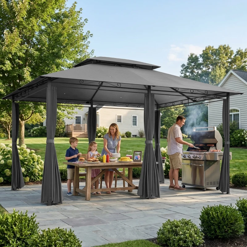 Outsunny Pérgola de Jardim 3x4 m com Teto Duplo 6 Paredes Laterais Estrutura Metálica Drenagem Pérgola para Exterior  Cinzento