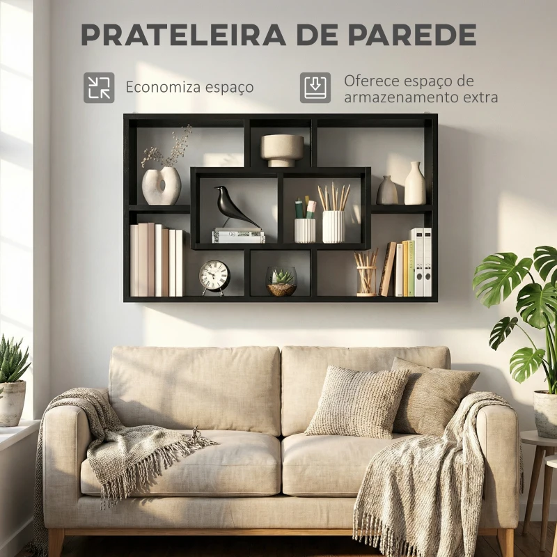 HOMCOM Estante de Parede Decorativa para Livros CDs com 8 Cubos 85x14,5x47,5 cm Preto