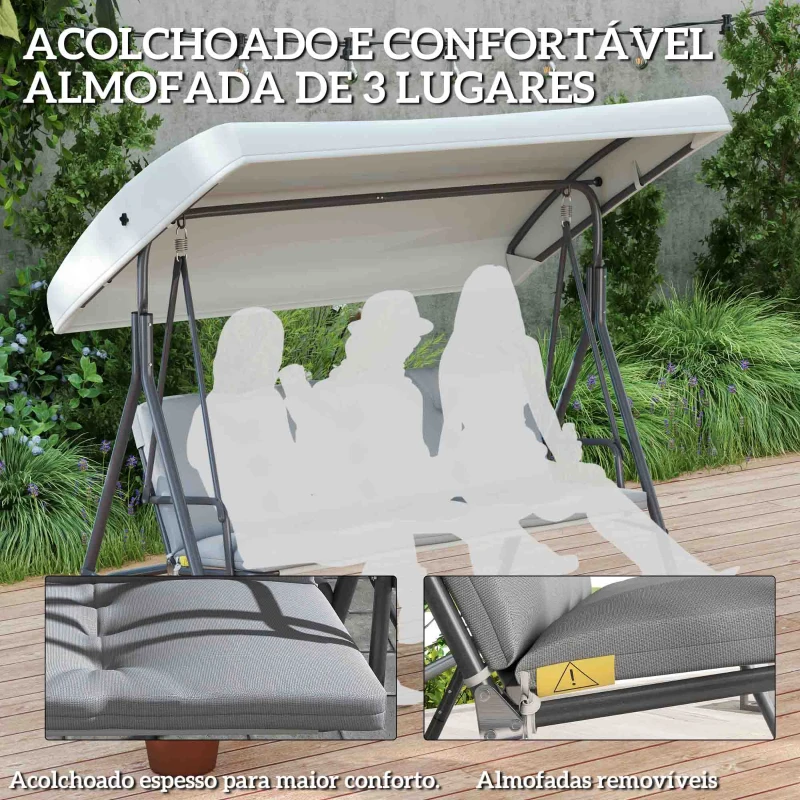 Outsunny Baloiço de Jardim Exterior de 3 Lugares com Toldo Ajustável e Estrutura em Aço 172x110x156 cm Cinzento Claro