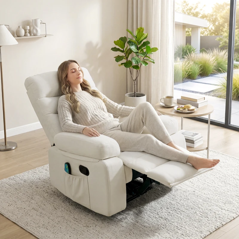 HOMCOM Fauteuil de massage fauteuil relax électrique avec fonction inclinable vibration chauffage, télécommande inclus, crème