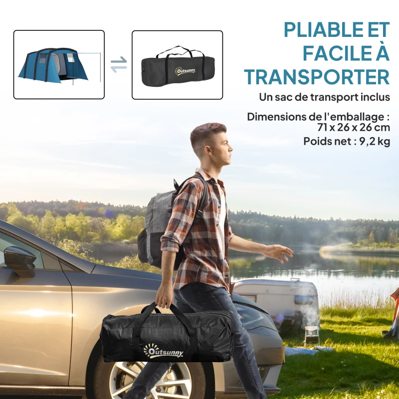 Outsunny Tente de camping Gonflable tente Gonflable tunnel 3-6 Personnes chambre à coucher, salon porche 420 x 200 x 150 cm Bleu