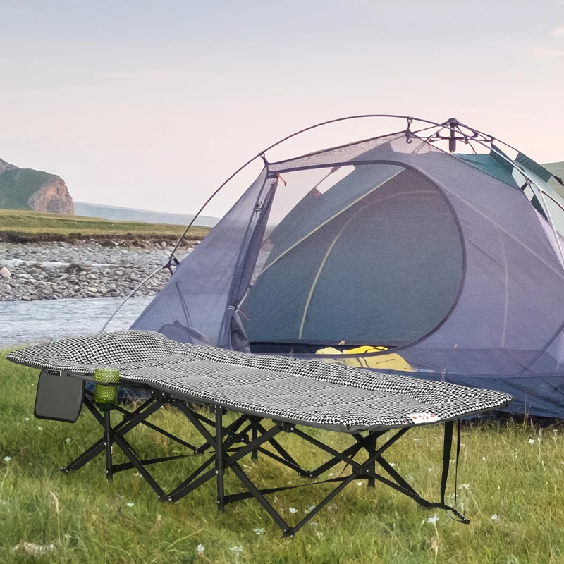 Outsunny Lit de Camping Pliable Robuste pour Adultes, Charge Jusqu'à 250 kg, avec poche latérale, porte-gobelet et sac noir