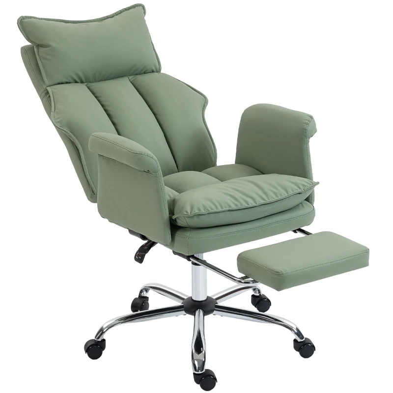 HOMCOM Cadeira de Secretária com Apoio para os Pés  Encosto Reclinável Estofada em Couro Sintético 69x65x108-116 cm Verde