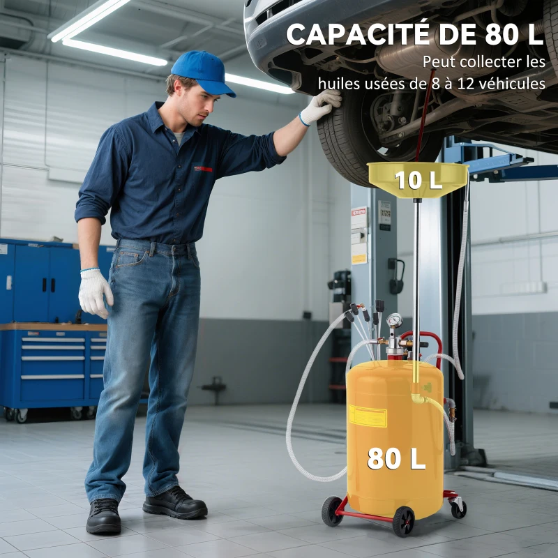 HOMCOM Récupérateur de vidange d'huile usagée 80L, hauteur réglable 101-141 cm, chariot récupération huiles roues poignée rouge