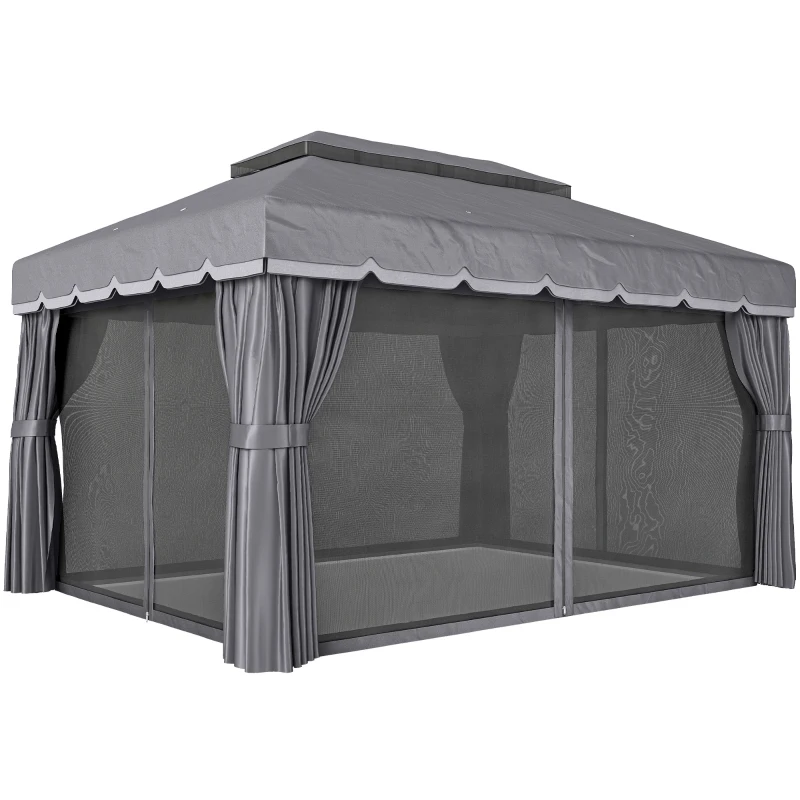 Outsunny Pérgola de Jardim 390x290x270 cm com 4 Cortinas Laterais 4 Telas Mosquiteiras e 8 Orifícios de Drenagem Cinza