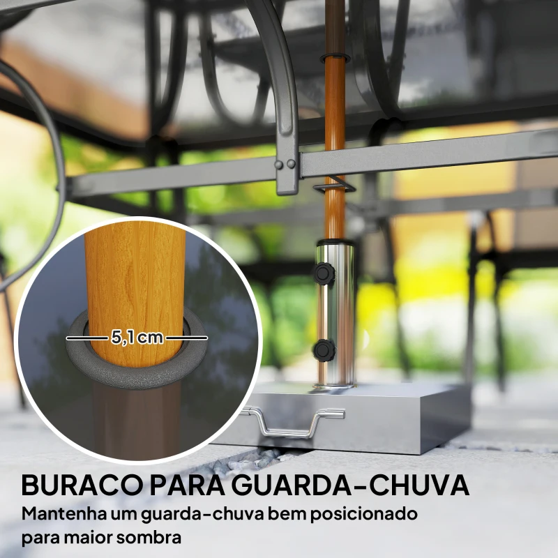 Outsunny Conjunto de Mesa e 6 Cadeiras para Terraço com Orifício para  Chapéu de Sol e Tampo em Vidro para Terraço ou Pátio Cinzento