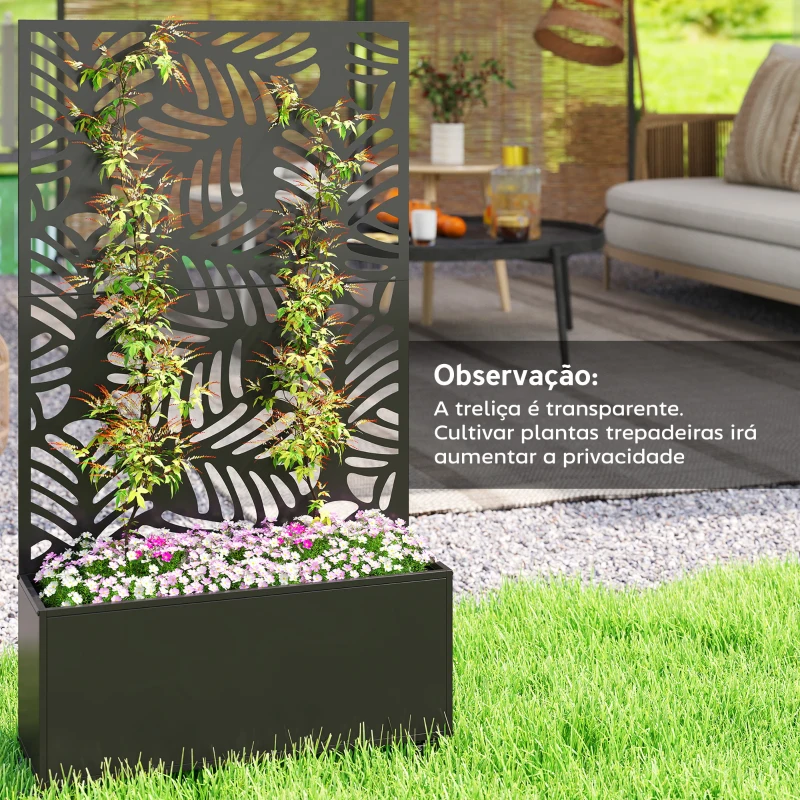 Outsunny Floreira Exterior Grande com Rodas e Painel de Privacidade com Folhas de Monstera Estrutura de Metal 90x30x160 cm Preto