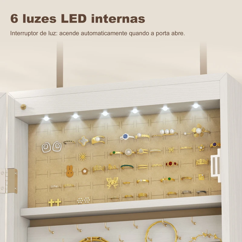 HOMCOM Espelho de Joias com Luz LED, Armário Montado na Parede ou Porta com Fechadura e Espelho Branco de Corpo Inteiro