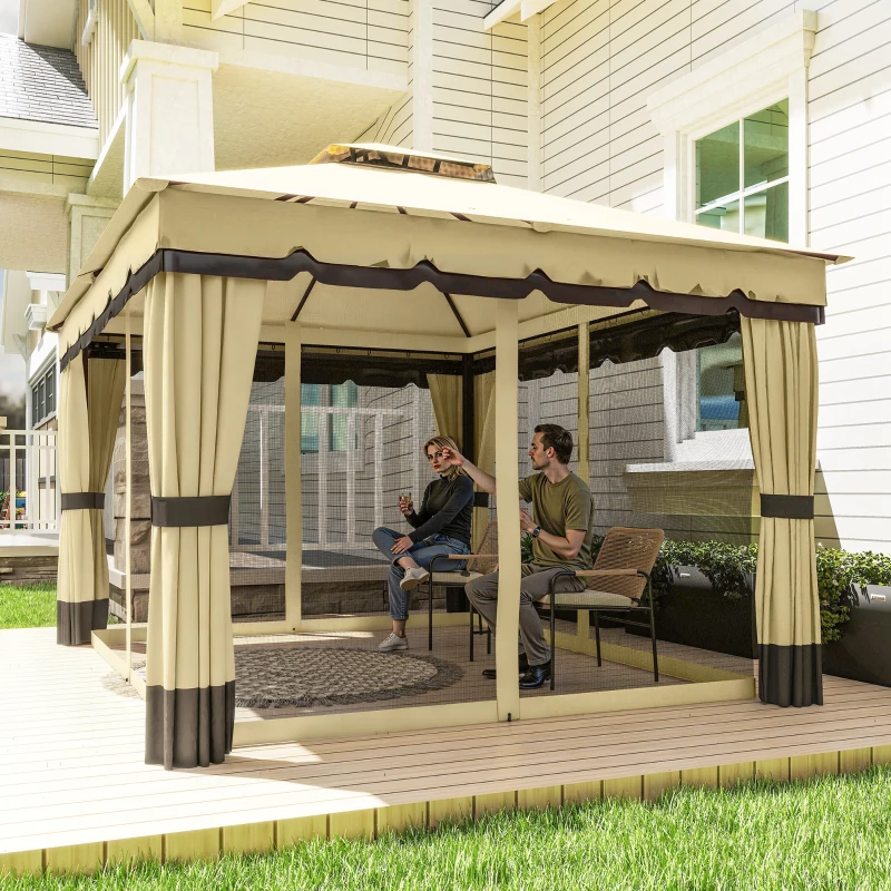 Outsunny Pérgola de Jardim 3,7x3 m com Teto Duplo 4 Cortinas e Mosquiteira Estrutura em Aço Orifícios de Drenagem UV30+ Bege