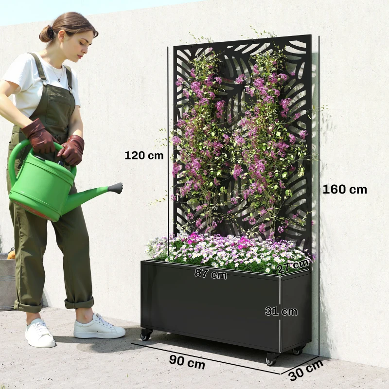 Outsunny Floreira Exterior Grande com Rodas e Painel de Privacidade com Folhas de Monstera Estrutura de Metal 90x30x160 cm Preto