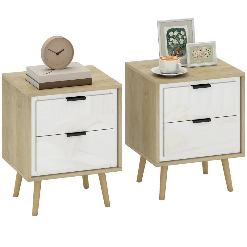 HOMCOM Conjunto de 2 Mesas de Cabeceira Modernas com 2 Gavetas de Deslizamento Silencioso Pés de Madeira 40x35x50 cm Branco Brilhante e Carvalho