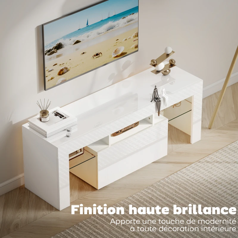 HOMCOM Meuble TV, meuble télé avec éclairage LED RGB, haute brillance, étagères en verre trempé, 120x34x45cm, blanc