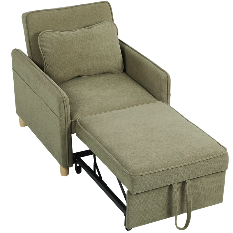 HOMCOM Poltrona Cama Individual 3 em 1 Sofá Cama Dobrável com Encosto Ajustável e Almofada para Sala 74x85,5x82 cm Verde Escuro