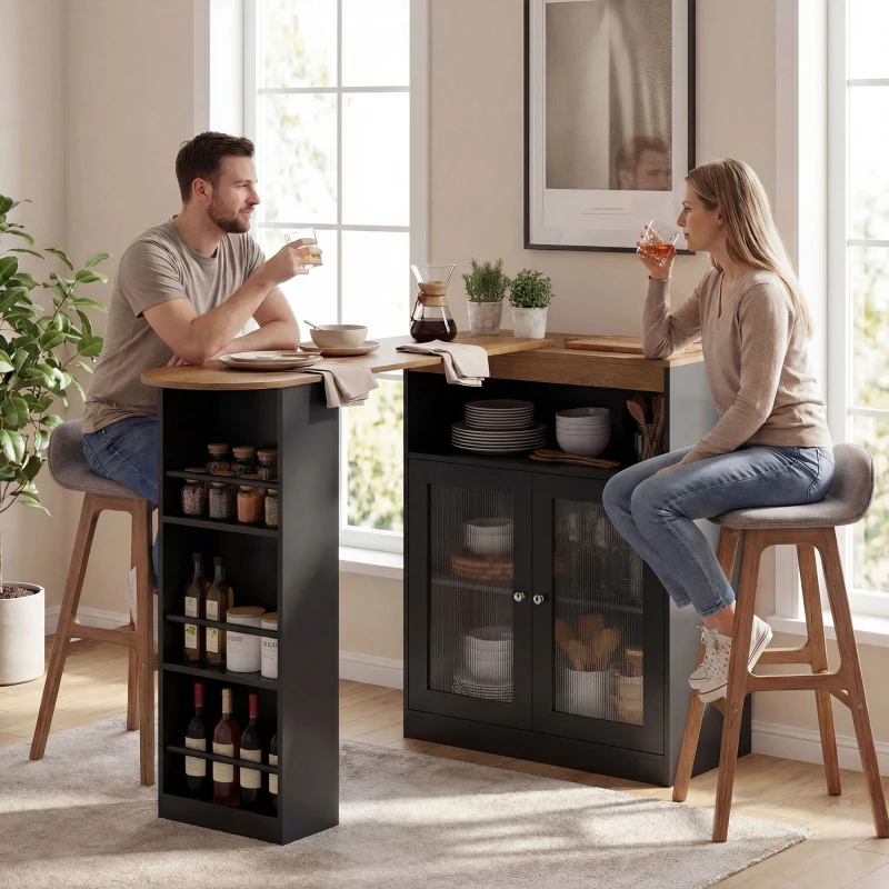 HOMCOM Mesa de Bar Extensível e Giratória 360° com Prateleiras Abertas e 2 Portas de Vidro 150x80x105,5 cm Preto e Madeira