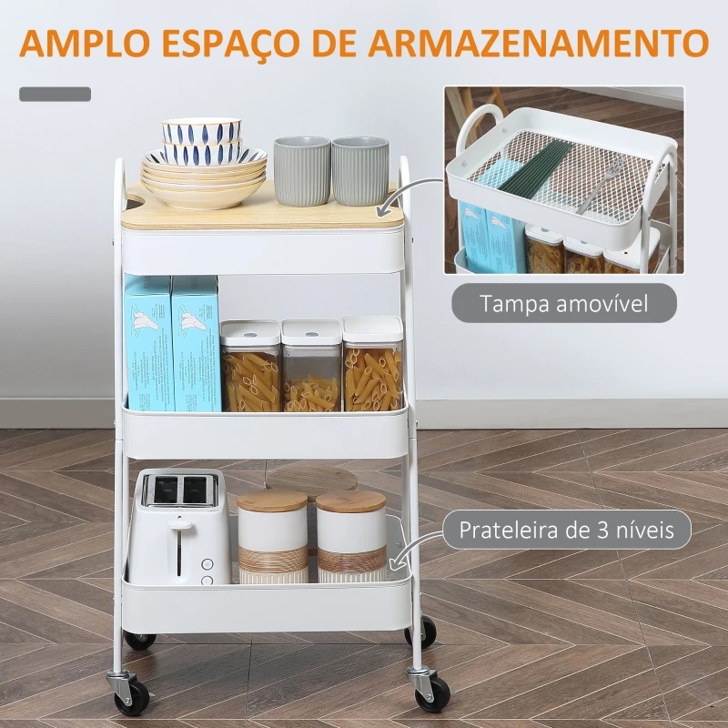 HOMCOM Carrinho Auxiliar com Rodas de 3 Níveis Carrinho de Cozinha com 3 Cestas de Aço e 1 Bancada de Madeira 45x31x79,4 cm Branco