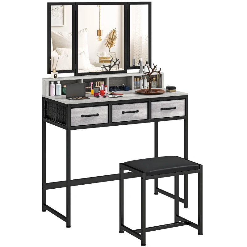 HOMCOM Toucador de Maquilhagem com Espelho Tríptico Removível, Banco Prateleiras e Suporte para Secador 90x40x141 cm Cinzento