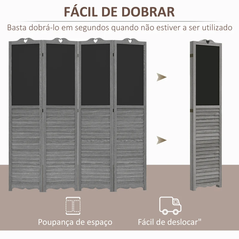 HOMCOM Biombo Separador de Ambientes Dobrável de 4 Painéis de Madeira com Quadros 162x172 cm Cinzento