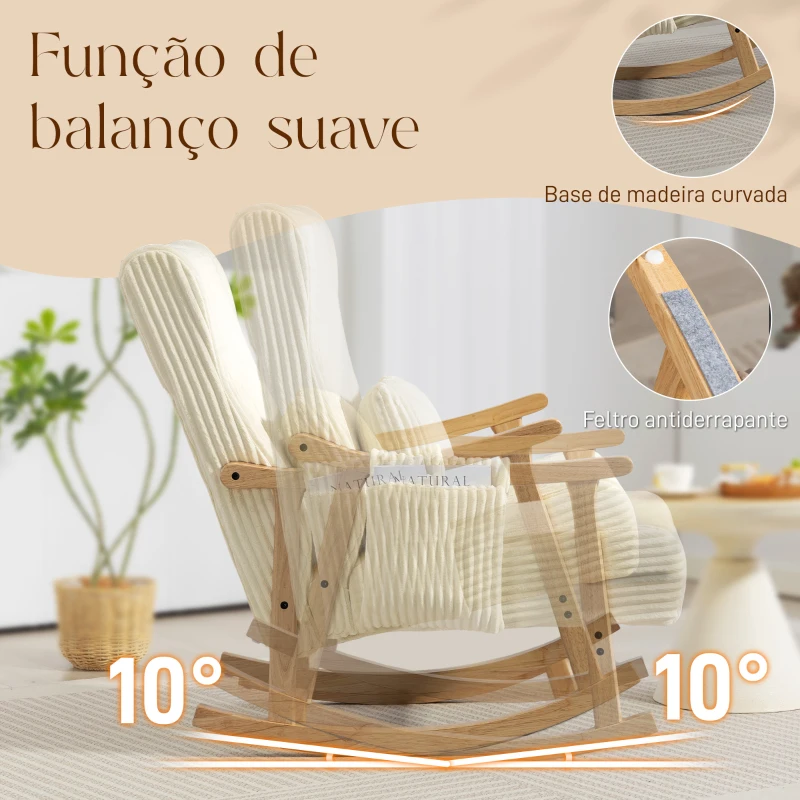 HOMCOM Poltrona Baloiço Moderna em Veludo Cotelê com Apoio para os Braços Almofada Lombar e Bolso Poltrona de Amamentação 65x90x98 cm Bege