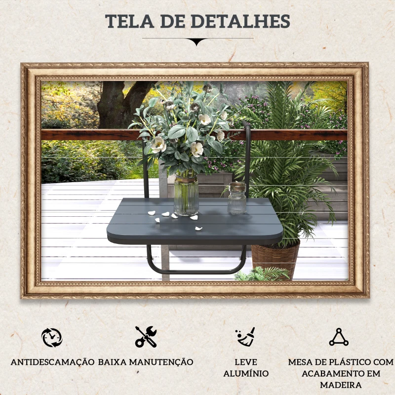 Outsunny Mesa Suspensa para Varanda Dobrável de Alumínio com Altura Ajustável em 4 Níveis Capacidade 25 kg 60x40x55-64 cm Preto