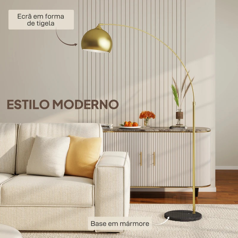 HOMCOM Candeeiro de Pé em Forma de Arco com Altura e Comprimento Ajustáveis com Interruptor de Pé 110-115x30x170-180 cm Dourado e Preto