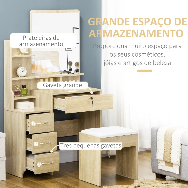 HOMCOM Toucador de Maquilhagem com Banco Espelho 4 Gavetas 4 Compartimentos de Armazenamento Estilo Moderno 80x38x143 cm Madeira