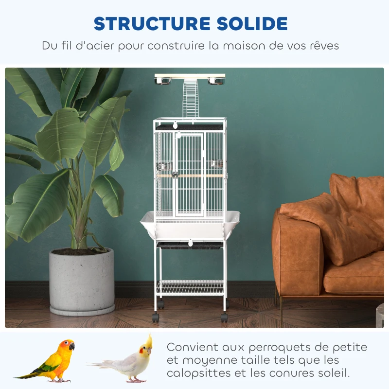 PawHut Cage oiseaux, voliere oiseaux à roulettes avec support, plateau coulissant, perchoir en bois, 62,5x62,5x156cm, blanc