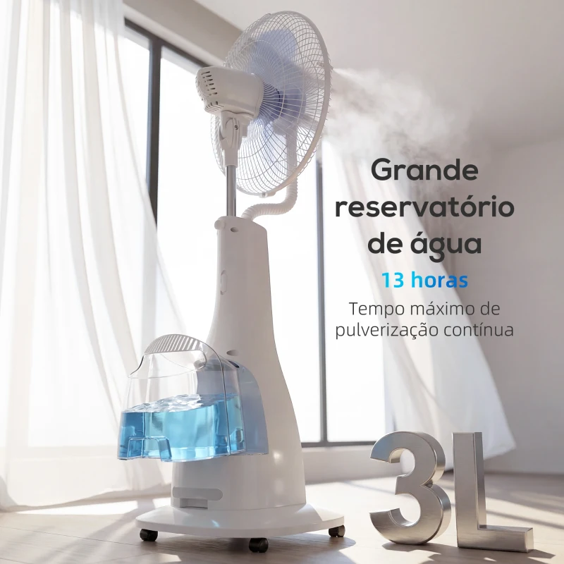HOMCOM Ventoinha Nebulizadora 90W com Oscilação 75° 3 Velocidades 3 Modos Temporizador 7,5h e 5 Rodas 44,5x38,5x120 cm Branco