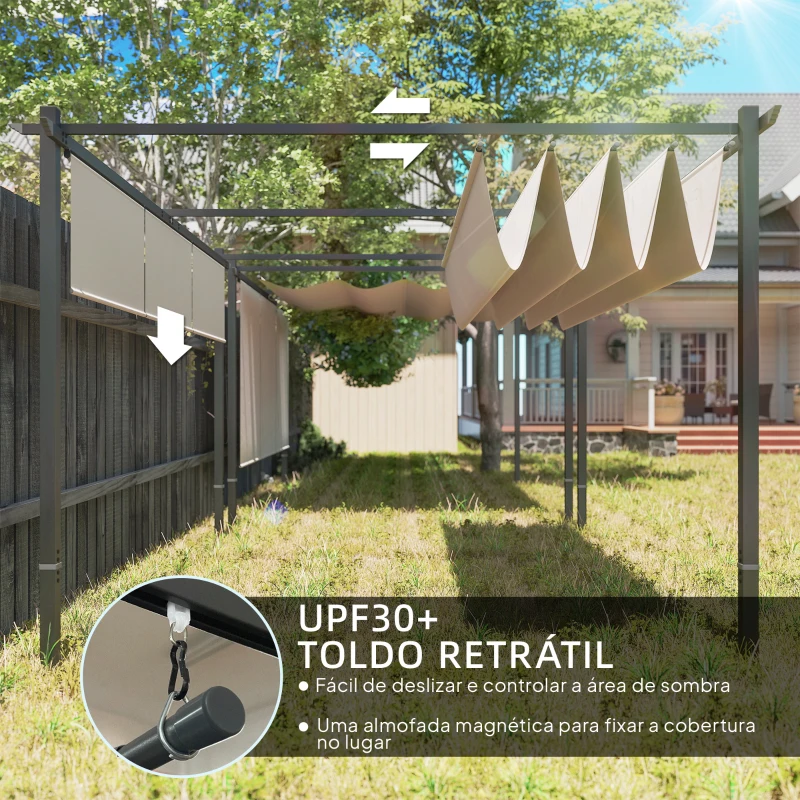 Outsunny Pérgola com Teto Retrátil de 390x293x220 cm Pérgola de Parede ou Independente com Lados Enroláveis Proteção UV30+ Bege