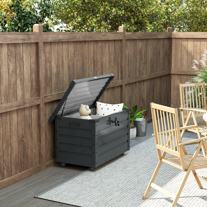 Outsunny Baú de Exterior 295 L Baú de Armazenamento de Aço Galvanizado com 1 Fechadura para Jardim 100x62x65 cm Cinza Escuro