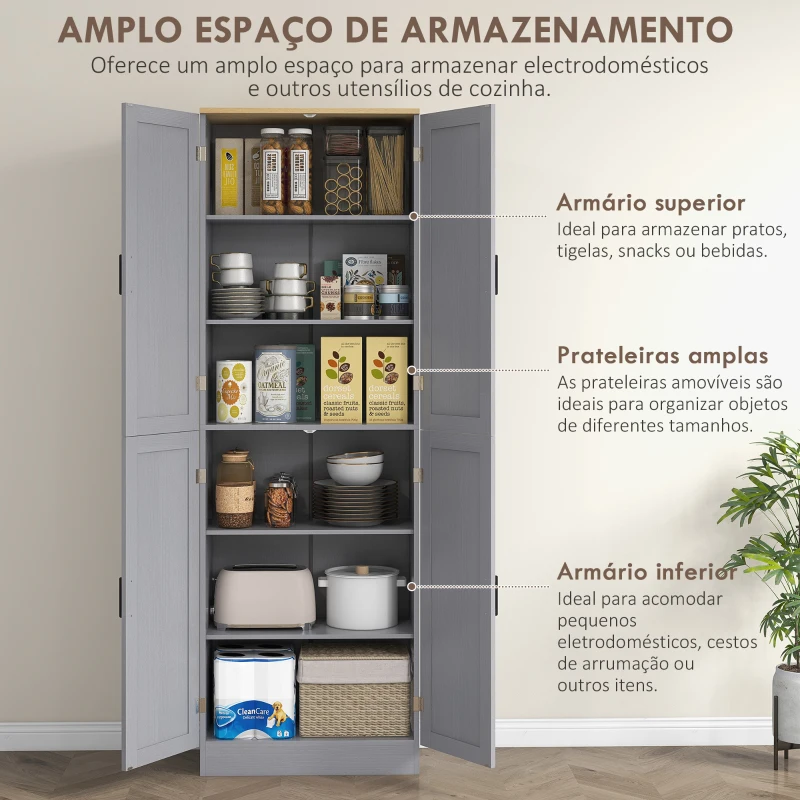 HOMCOM Armário de Cozinha com 4 Portas e Prateleiras Ajustáveis Anti-Tombo 60x30x171 cm Cinzento