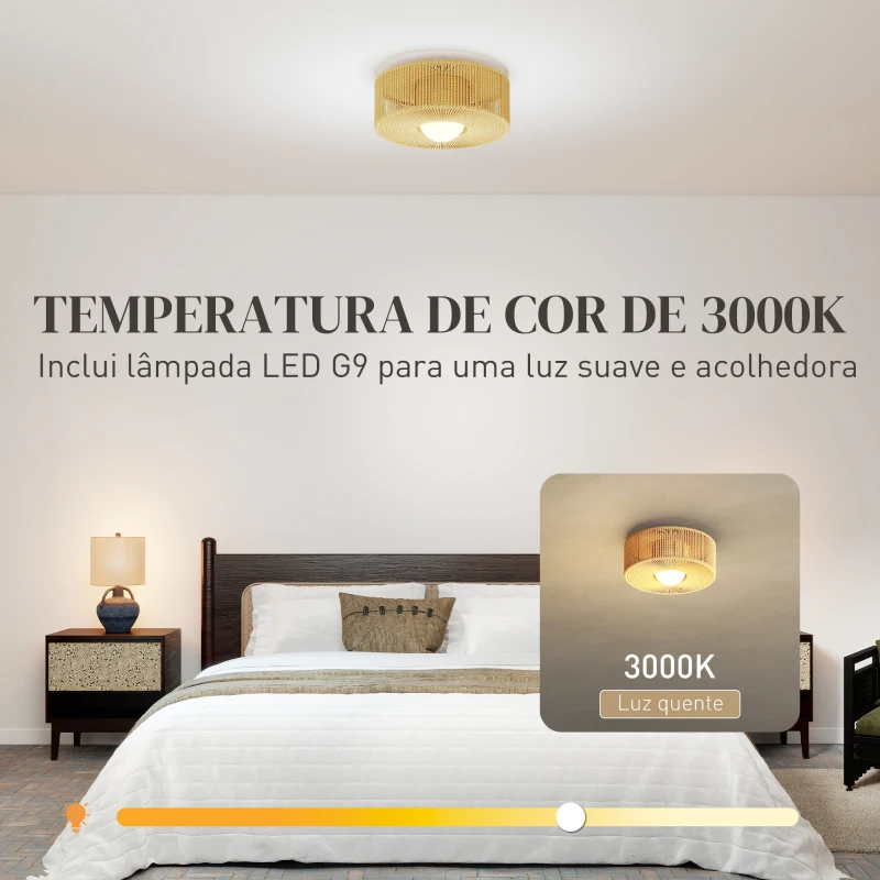 HOMCOM Candeeiro de Teto com Lâmpada LED G9 20W 3000 K Candeeiro de Teto Boémio com Ecrã de Corda de Linho Ø30x16 cm Castanho Claro