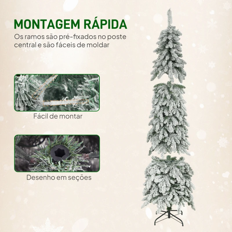 HOMCOM Árvore de Natal Estreita 225 cm Árvore de Natal Nevada com Luzes LED Temporizador 11 Modos de Iluminação Verde