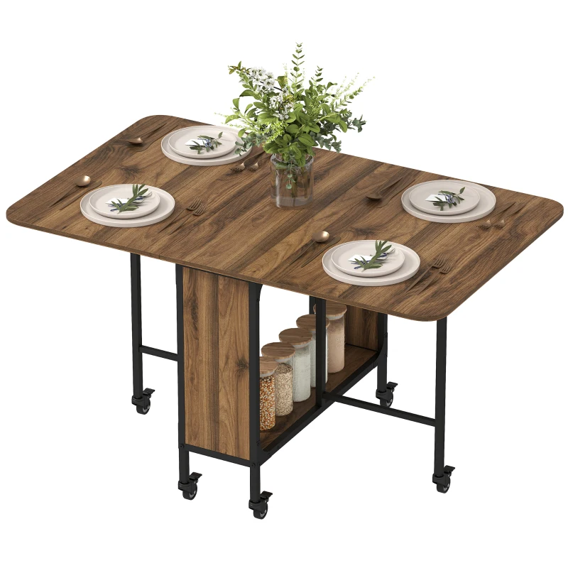HOMCOM HOMOM Mesa de Cozinha Dobrável Mesa de Refeição Dobrável com Rodas Laterais Abatíveis e Prateleira Mesa Dobrável para Sala de Jantar 130x80x74 cm Marrom