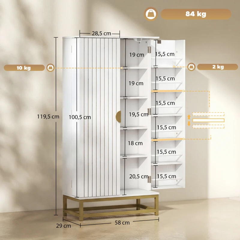 HOMCOM Armoire de cuisine meuble cuisine rangement avec 12 étagères à portes, étagères ajustables, 58x29x119,5cm, blanc