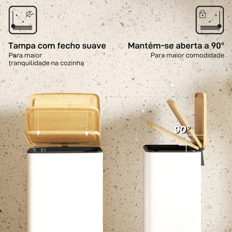 HOMCOM Balde de Lixo de Cozinha com Pedal 20L Tampa de Bambu com Fecho Suave 29,5x29,5x56,8 cm Branco e Madeira