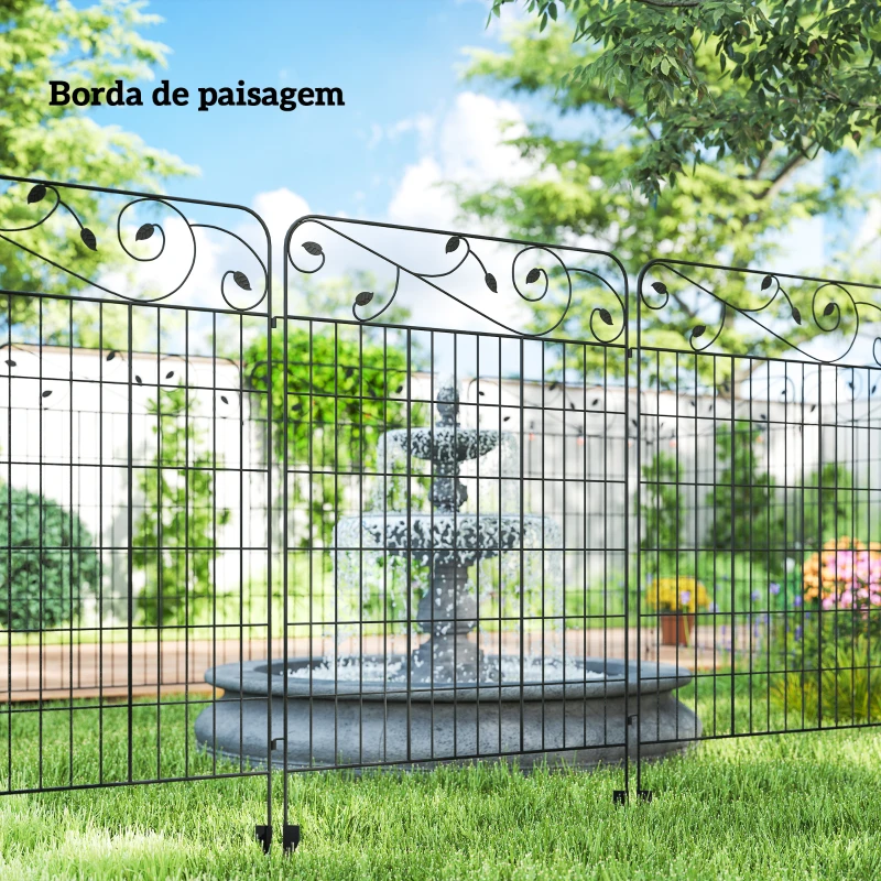 Outsunny Cercas de Jardim de 4 Painéis 88x110 cm Cercas de Jardim Metálicas Cercas Decorativas com Ângulo Ajustável Preto