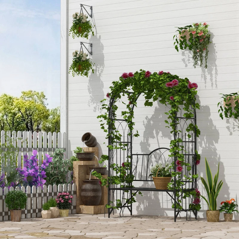 Outsunny Arche à rosiers Banc de Jardin 2 Places 2 en 1 dim. 115L x 59l x 203H cm métal époxy Noir